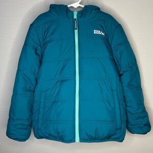 Eddie Bauer‎ Reversible Puffer Jacket Teal Blue Hooded Fleece Winter Girls S 7/8
